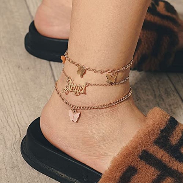 Dresbe Boho Layered Anklet Gold Butterfly Anklets Beach Crystal Ankle Bracelet Angel Pendant Foot Jewelry Chain for Women and Girls