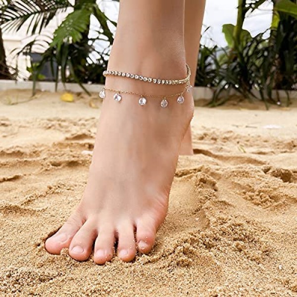 Eyreindy Gold Ankle Bracelets for Women 2 Layered 14k Gold Plated Starfish Butterfly Diamond Anklet for Women Beach Anklets for Teen Girls