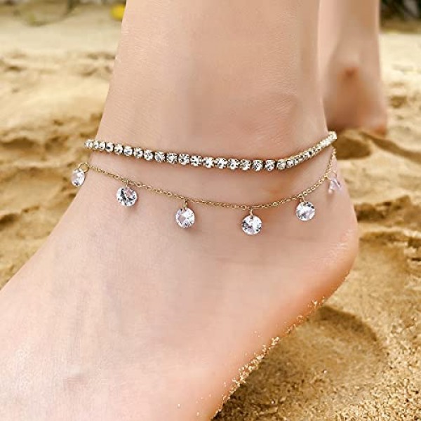 Eyreindy Gold Ankle Bracelets for Women 2 Layered 14k Gold Plated Starfish Butterfly Diamond Anklet for Women Beach Anklets for Teen Girls