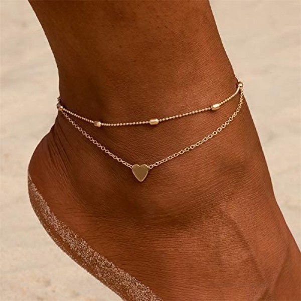 Fesciory Women Heart Anklet Adjustable Beach Layered Ankle Bracelets for Teen Girls Gold Alloy Foot Chain Jewelry