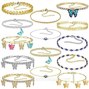 hefanny 14 Pcs Evil Eyes Butterfly Crysta Sparkly Luck Anklet Bracelets Set for Women Gold Boho Beach Anklets Chain Adjustable Foot and Hand Adjustable Chain Jewelry for Girls