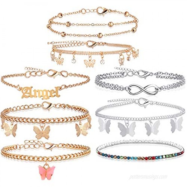 Hicarer 8 Pieces Anklets for Women Cute Charms Butterfly Ankle Bracelets Colorful Rhinestone Anklets Boho Beach Layered Chain Anklets for Girls Foot Jewelry