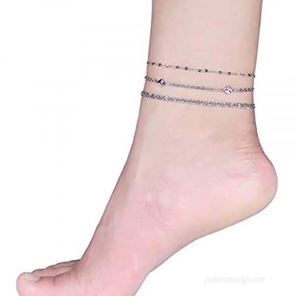 hoduar Stainless Steel Anklet Two Tone Cross Ankle Bracelets Adjustable Beads Jewelry Chains 3Pcs Set [8.2+2] Gift for Women