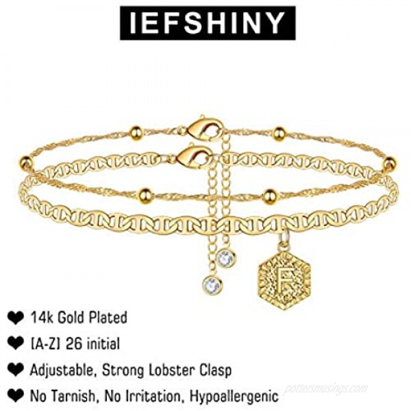 IEFSHINY Ankle Bracelets for Women Initial Anklet 2pcs Mariner Chain Layered 14K Gold Plated Letter Anklet Initials Cute Summer Anklets Ankle Gold Anklets Bracelets for Women Girls