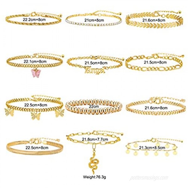 ÌF ME 6-12 Pcs Gold Ankle Bracelets Set for Women Girls Adjustable Chain Butterfly Beach Anklet Bracelet Set for Foot Jewelry Gifts