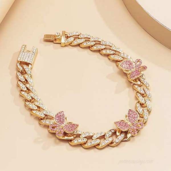 Ingemark Shiny Rhinestone Butterfly Anklet Hip Hop Cuban Link Ankle Chain Bracelet for Women Teen Girls Cute Fashion Music Party Rave Anklet Jewelry
