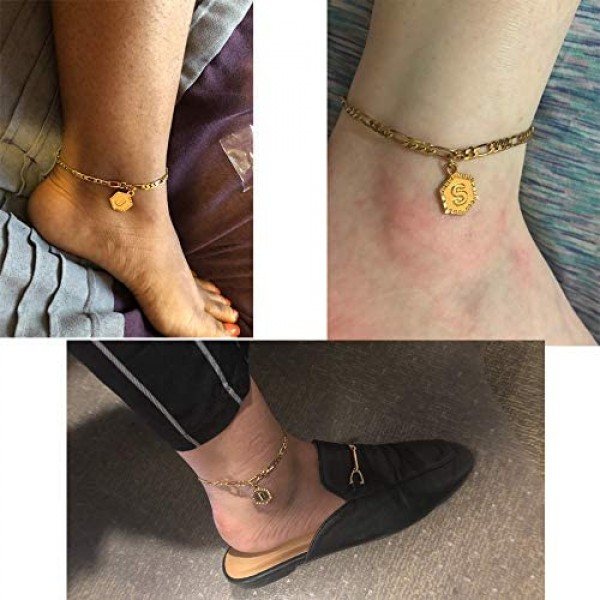 Initial Ankle Bracelets for Women Men 18K Gold Silver Figaro Cuban Link Anklet Bracelet for Women Teen Girls Custom Name Gold Anklet with Initials