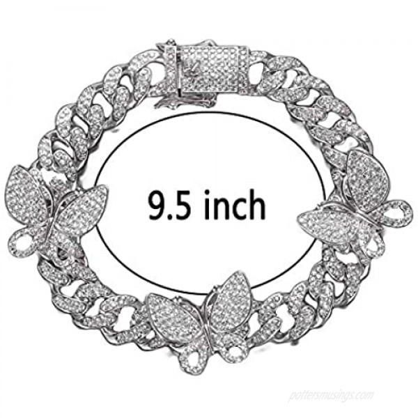 Jacruces Butterfly Cuban Link Anklet Cuban Butterfly Anklet Bracelet for Women Iced Out Bling Butterfly CZ Anklet 12mm/9.5inch