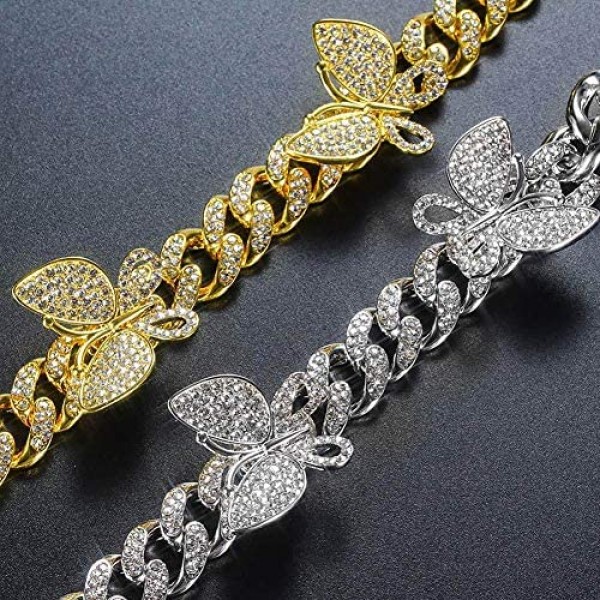 Jacruces Butterfly Cuban Link Anklet Cuban Butterfly Anklet Bracelet for Women Iced Out Bling Butterfly CZ Anklet 12mm/9.5inch