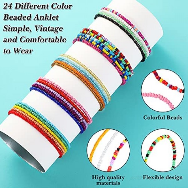 Jadive 24 Pieces Colorful Beaded Anklets Handmade Elastic Boho Beaded Ankle Bracelets Adjustable Foot Chain for Women Girls