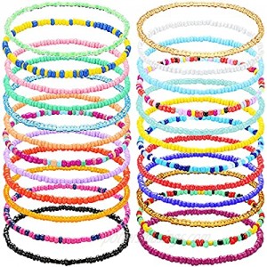 Jadive 24 Pieces Colorful Beaded Anklets Handmade Elastic Boho Beaded Ankle Bracelets Adjustable Foot Chain for Women Girls