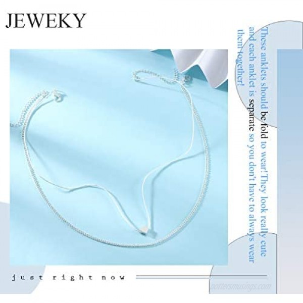 Jeweky Boho Layered Anklets Silver Love Ankle Bracelets Chain Heart Beach Foot Jewelry for Women and Girls