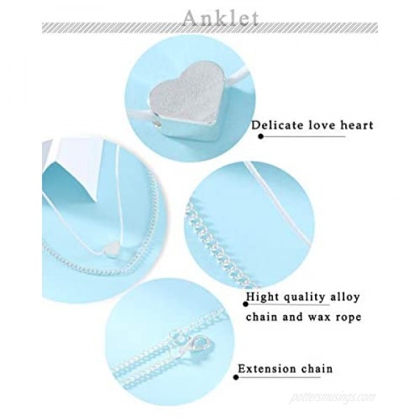 Jeweky Boho Layered Anklets Silver Love Ankle Bracelets Chain Heart Beach Foot Jewelry for Women and Girls