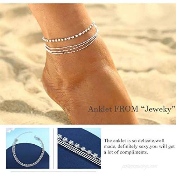 Jeweky Boho Layered Crystal Anklets Silver Rhinestone Ankle Bracelets Chain Beach Foot Jewelry for Women and Girls