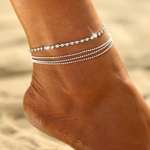 Jeweky Boho Layered Crystal Anklets Silver Rhinestone Ankle Bracelets Chain Beach Foot Jewelry for Women and Girls
