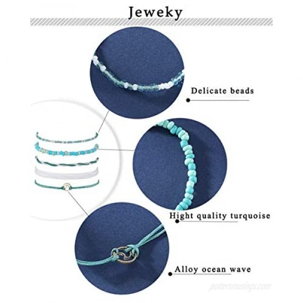 Jeweky Boho Layered Turquoise Anklets Blue Ankle Bracelets Wax Rope Beach Foot Jewelry for Women and Girls