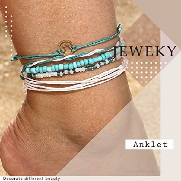 Jeweky Boho Layered Turquoise Anklets Blue Ankle Bracelets Wax Rope Beach Foot Jewelry for Women and Girls