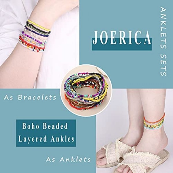 JOERICA 24Pcs Handmade Beaded Anklets for Women Boho Elastic Beaded Ankle Bracelets Multilayered Colorful Beads Stretch Anklets Set Foot Jewelry