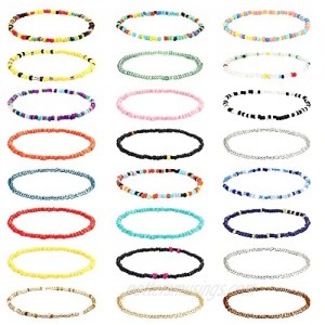 JOERICA 24Pcs Handmade Beaded Anklets for Women Boho Elastic Beaded Ankle Bracelets Multilayered Colorful Beads Stretch Anklets Set Foot Jewelry