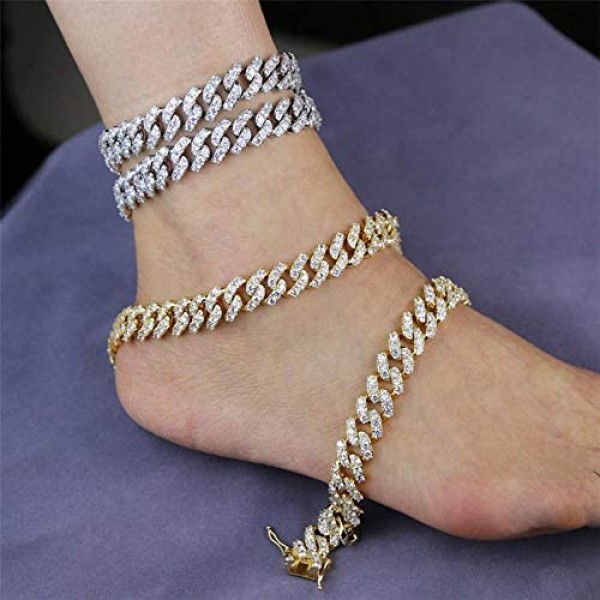 kelistom 12mm Wide Cuban Link Iced Out Rhinestone Filled Chain Anklet 18K Gold/White Gold Plated Punk Hip-hop Ankle Bracelets for Women