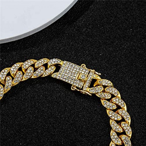 kelistom 12mm Wide Cuban Link Iced Out Rhinestone Filled Chain Anklet 18K Gold/White Gold Plated Punk Hip-hop Ankle Bracelets for Women