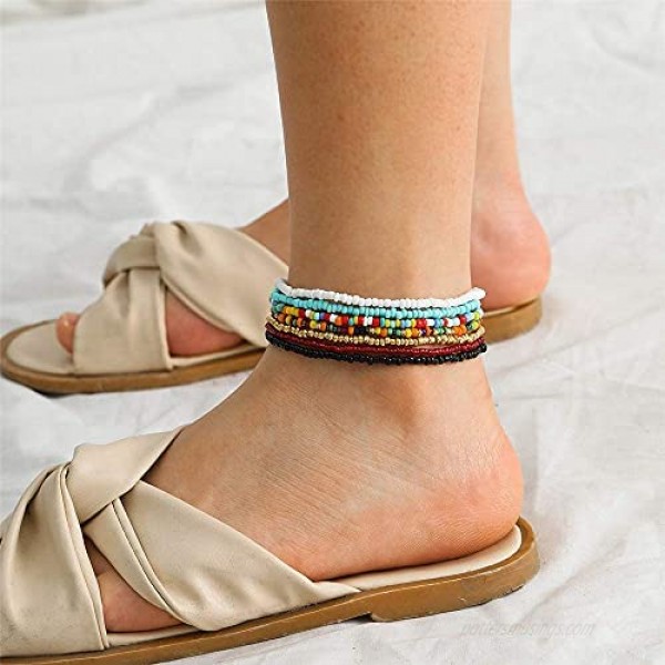 kelistom 7pcs Bohemian Anklet Set for Women Teen Girls Handmade Elastic Beaded Ankle Bracelets for Women Summer Foot Jewelry