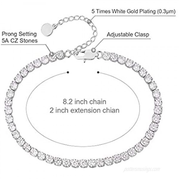 KRKC&CO 3mm/4mm Tennis Chain Anklet with Extension Ankle Bracelets for Women 14k Gold/White Gold/Rose Gold Plated Beach Anklets Fashion Foot Jewelry