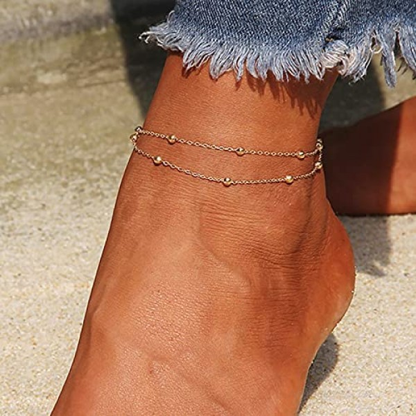 Kyerlyn Dainty Simple Chain Anklet for Women 18k Gold/Silver Plated Summer Beach Beaded Evil Eye Moon Figaro Butterfly Satellite Cuban Pearl Flat Marina Anklet Gift