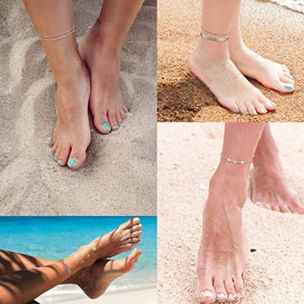 Lorfancy 20 Pcs Womens Ankle Bracelets Gold Silver Chain Layered Beach Adjustable Foot Jewelry Puka Shell Anklet Set