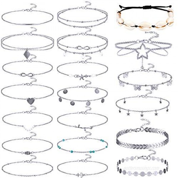 Lorfancy 20 Pcs Womens Ankle Bracelets Gold Silver Chain Layered Beach Adjustable Foot Jewelry Puka Shell Anklet Set