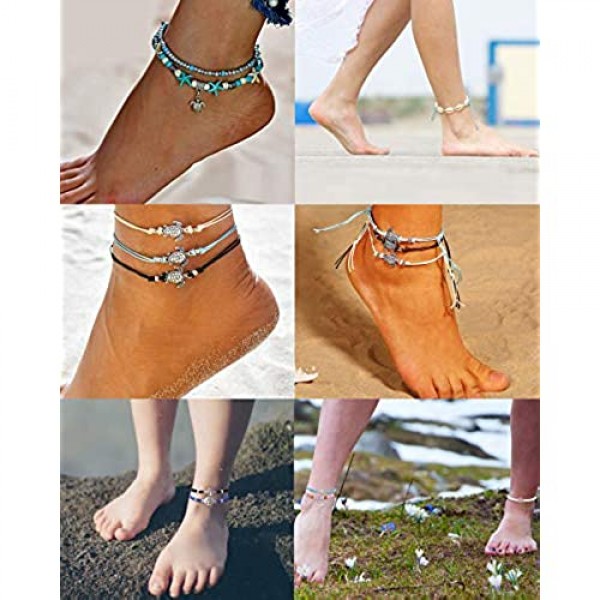 LOYALLOOK 18Pcs Anklet Bracelets for Womens Ankle Chain Turtle Wave Anklet Beach Ankle Bracelets Foot Jewelry for Women