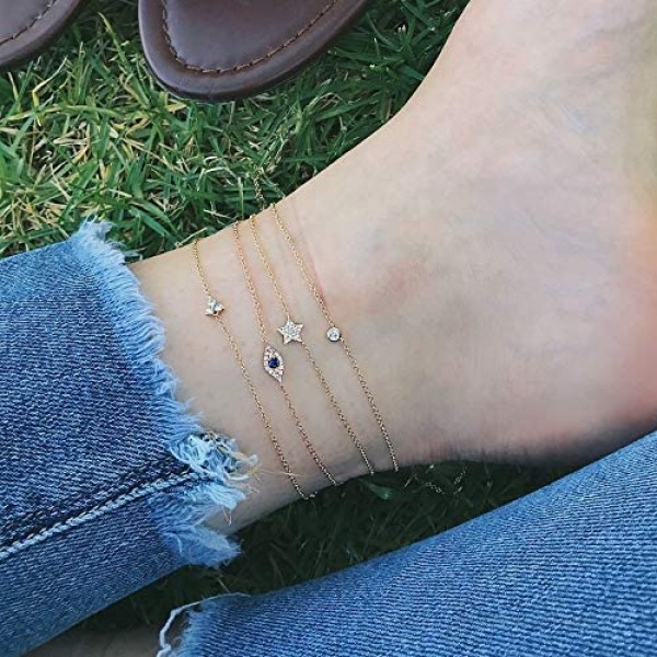 LOYATA Dainty Ankle Bracelet 14K Gold Plated Tiny Bead Anklet Dainty White Cubic Zirconia Cross Tassel Foot Chain Cute Lucky Moon Evil Eye Foot Jewelry Boho Anklets for Women