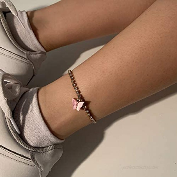 LuckyHouse Butterfly Anklet Bracelet Tennis Acrylic Anklet for Women Rhinestone Adjustable Anklet Set Girl Gifts 12pcs