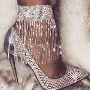 Masiter Rhinestone Ankle Bracelets Crystal Tassel Anklet 2Pcs Glitter Tennis Foot Chain Wedding Body Jewelry Accessories for Women and Girls