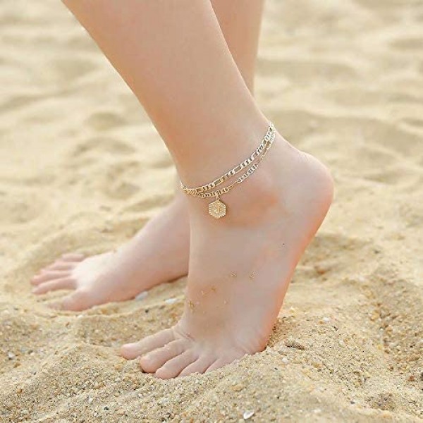 Memorjew Initial Ankle Bracelets for Women 14K Gold Plated Double Layered Initial Anklets Jewelry for Women Teen Girls