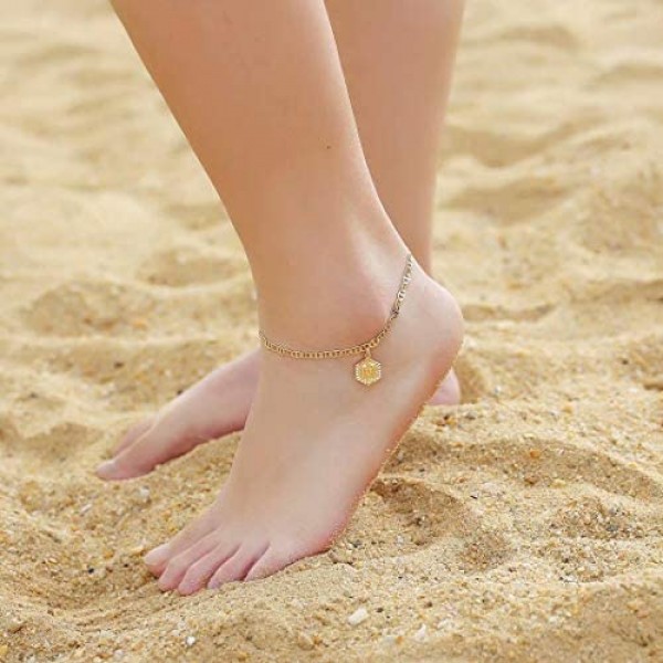 Memorjew Initial Ankle Bracelets for Women 14K Gold Plated Double Layered Initial Anklets Jewelry for Women Teen Girls