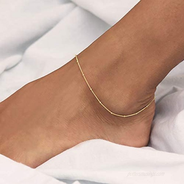 Mevecco Gold Star Charm Anklet 14K Gold Plated Boho Beach Dainty Cute Tiny Lucky Star Foot Chain Ankle Bracelet Silver Beaded Chain Anklet for Women