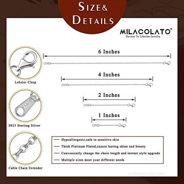 Milacolato 4Pcs Sterling Silver Necklace Extender for Women Choker Anklet Bracelet Extender Lobster Clasp Extender Chains for Jewelry Length 1'' 2'' 4'' 6''