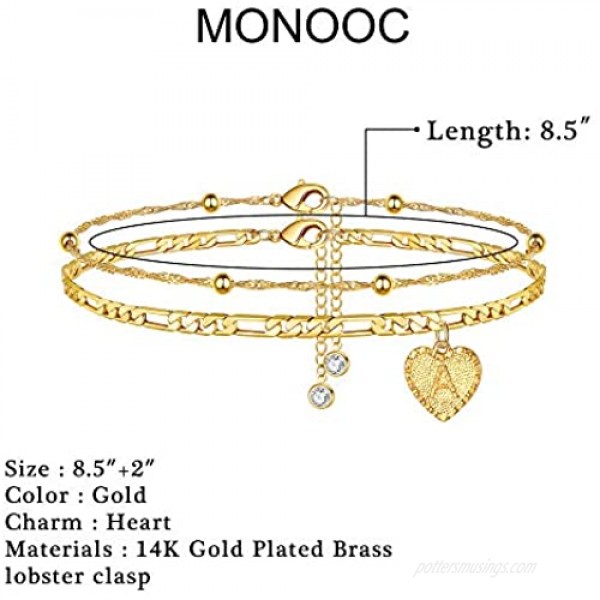MONOOC Ankle Bracelets for Women Initial Anklets 14K Gold Filled Figaro Chain Layered Heart Letter Initial Anklets for Women Alphabet Foot Jewelry with Extension