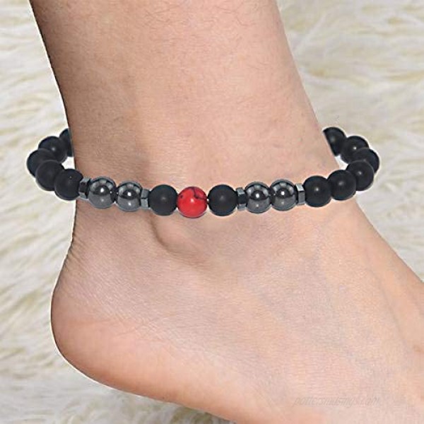 Mountainish 10pcs feng Shui Anti-Swelling Black Obsidian Anklet Adjustable Magnet Natural Stone Healing Crystal Triple Protection Bracelet Anklet for Men and Women Energy Stones for Anxiety Stress