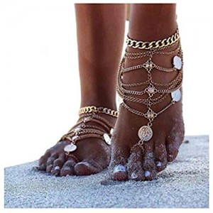 Olbye Silver Barefoot Sandals Foot Chain Jewelry Coin Anklet Bracelet for Women and Girls Beach Wedding Foot Jewelry Pack of 2