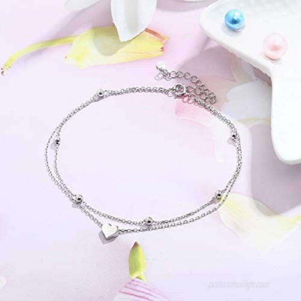 PATISORNA 925 Sterling Silver Layered Ankle Bracelet for Women Butterfly Heart Beaded Chain Anklet Adjustable Double Layer Beach Foot Jewelry Summer Anklet