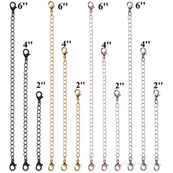 Paxuan 12pcs Silver Rose Gold Black Surgical Stainless Steel Necklace Bracelet Anklet Chain Extender Chain Set Jewelry Extenders 2'' 4'' 6''