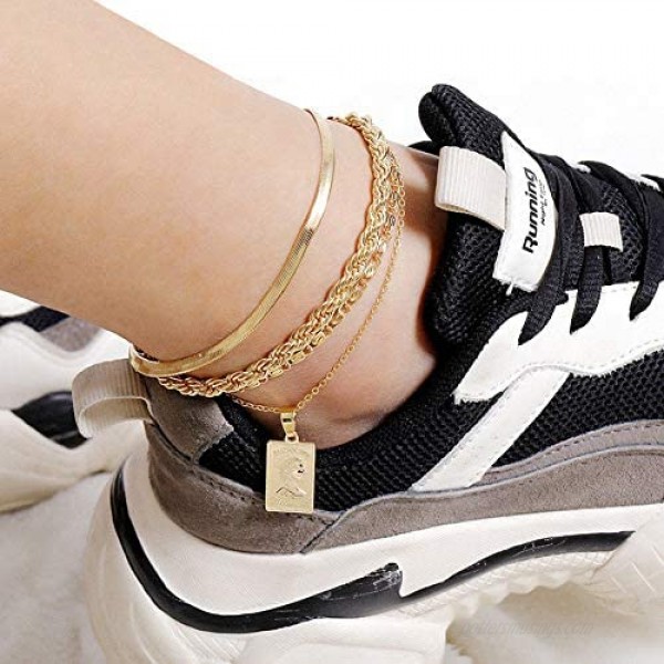 QJLE 18K Gold Plated Flat Snake Chain Link Dainty Ankle Bracelets for Women Boho Cute Summer Beach Anklet Adjustable Foot Jewelry