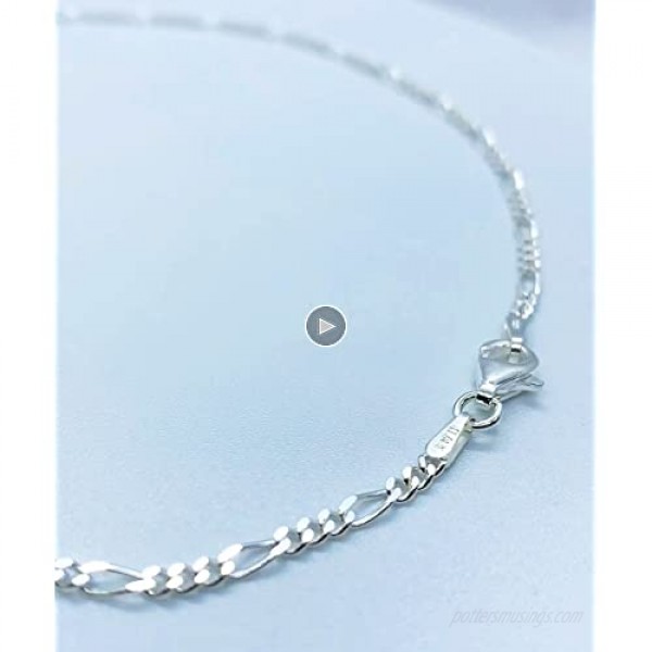 Ritastephens Sterling Silver or Gold Tone Italian 2.1mm Figaro Link Chain Anklet Bracelet or Necklace