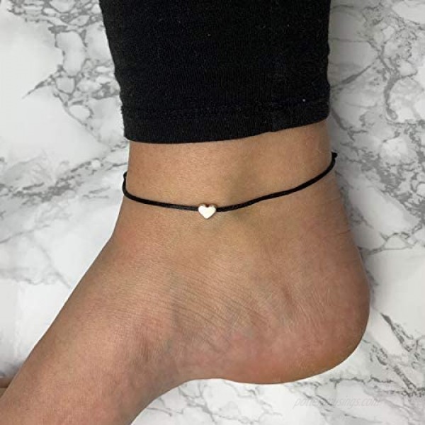 Selfmade Jewelry Anklet with Heart Silver - Black Foot Chain Beach Jewelry Handmade Ankle Bracelet Woman Girls Adjustable Size Including Jewelry Bag