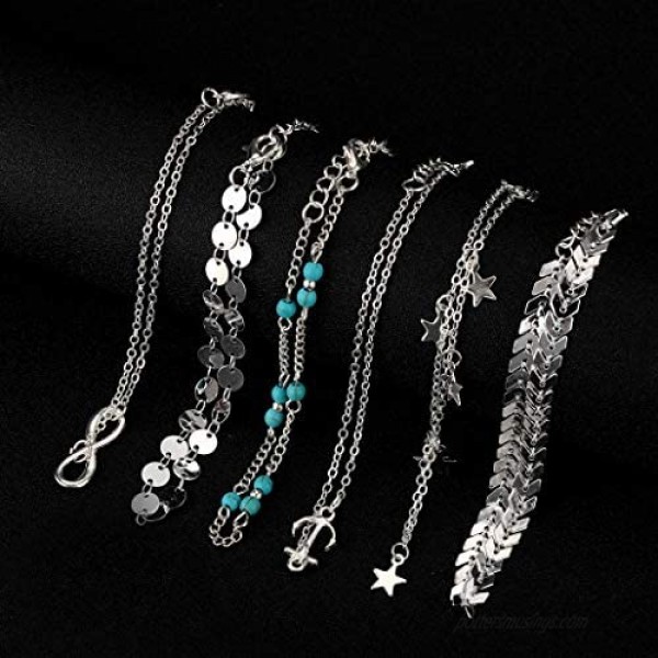 Softones 12Pcs Ankle Bracelets for Women Girls Gold Silver Two Style Chain Beach Anklet Bracelet Jewelry Anklet Set Adjustable Size