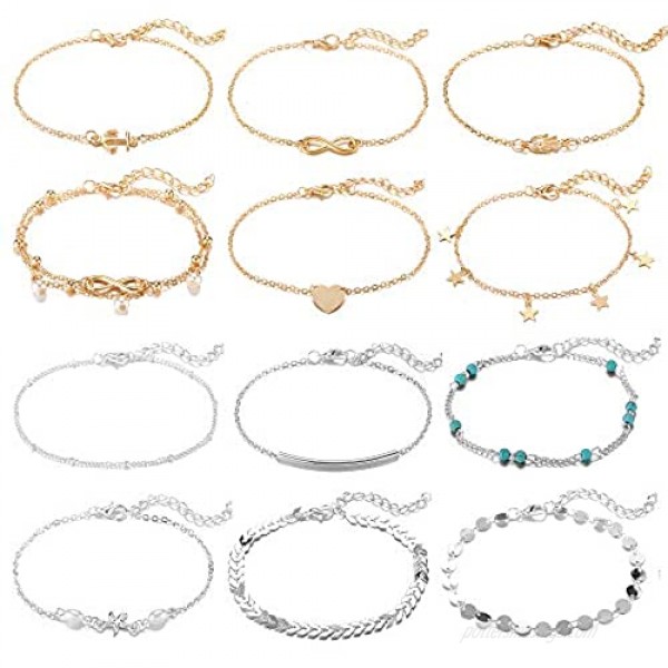 Softones 12Pcs Ankle Bracelets for Women Girls Gold Silver Two Style Chain Beach Anklet Bracelet Jewelry Anklet Set Adjustable Size