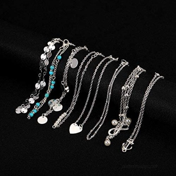 Softones 16Pcs Ankle Bracelets for Women Girls Gold Silver Two Style Chain Beach Anklet Bracelet Jewelry Anklet Set Adjustable Size