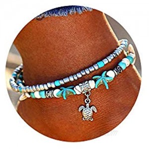 Softones Blue Starfish Turtle Anklet Multilayer Charm Beads Sea Handmade Boho Anklet Foot Jewelry for Women Girl